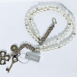 CHICO’S Cold Pearl Necklace with Charms, NIB