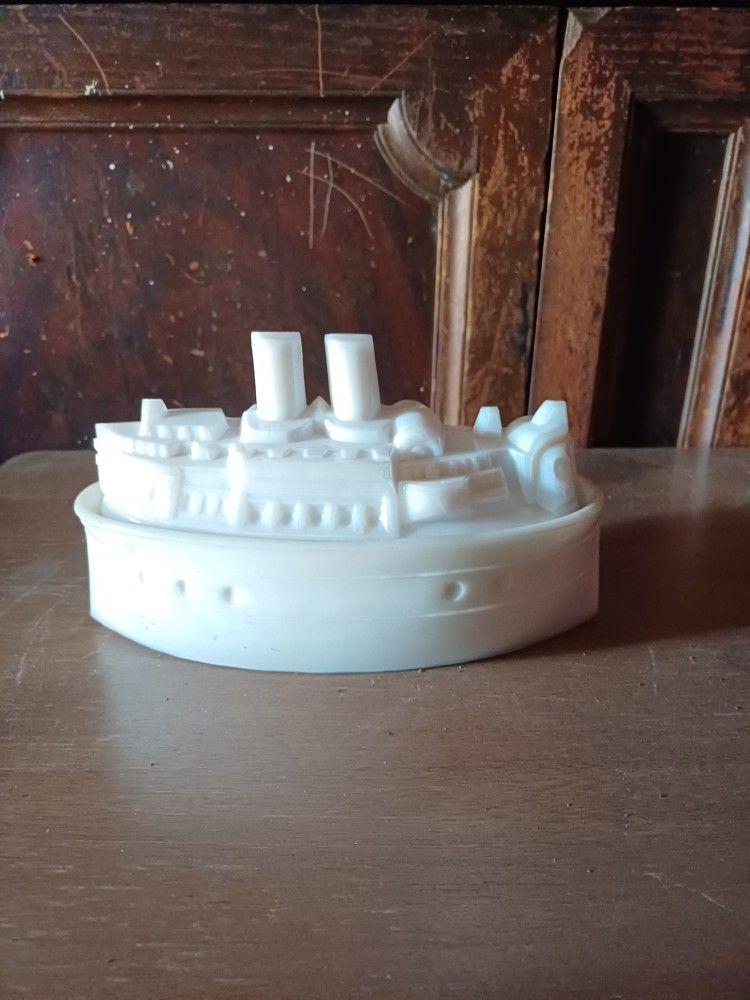Vintage White Glass Ship Collectable 