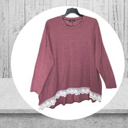 Amzplus Maroon Brownish Red Long Shirt w Lace Women 5X