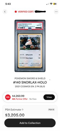 PSA 10 Snorlax Holo Pokemon Sword & Shield #140