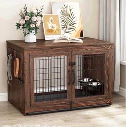 Dog Crate Furniture with 360°Rotatable Removable Dog Bowls, Dog Crate End Table