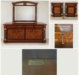 Luxury Vintage Italian Burl Wood Dresser, Mirror & Nightstands
