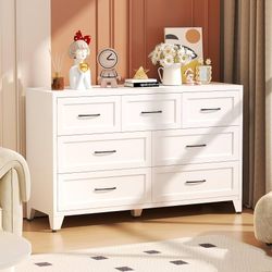 Metal 7-Drawer Dresser for Bedroom, 47" Wide White Steel Chest of Drawers with Anti-Tipping Design, Odor-Free Easy to Clean Storage Organizer for Livi