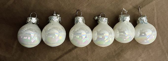 Set of 6 Tiny Hand-crafted White Pearlescent Glass Ball Ornaments