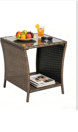 Outdoor Wicker Side Table with Glass Top – Brown  Rattan Patio End Table