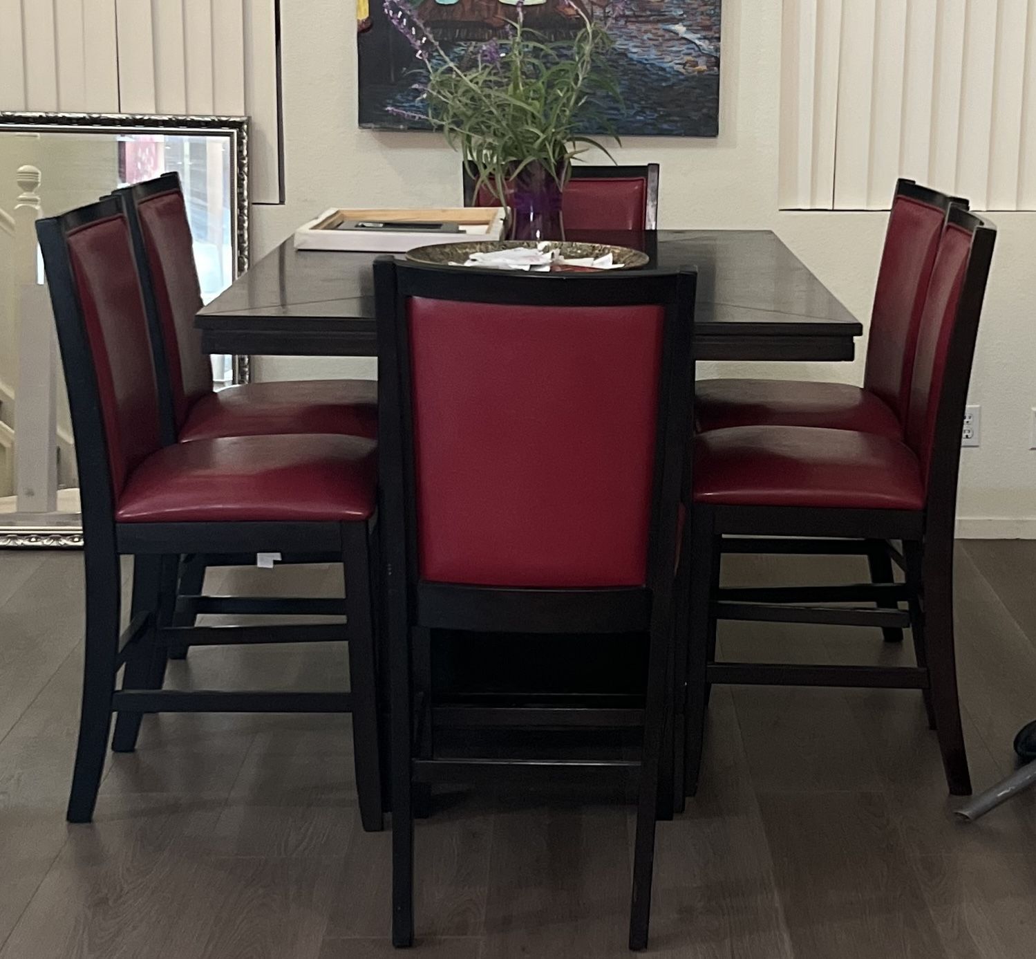Dinning Room Table With 6 Red Leather Chairs