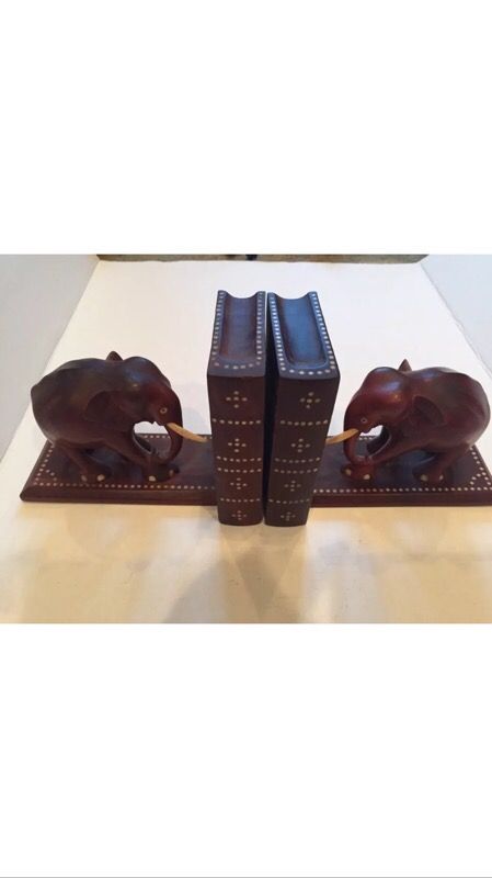 Vintage Elephant Bookends Ebony Ceylon Sri Lanka Hidden Compartment Hand carved