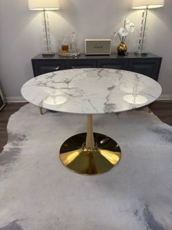 Luna Brass Faux Marble Dining Table By Mercer41