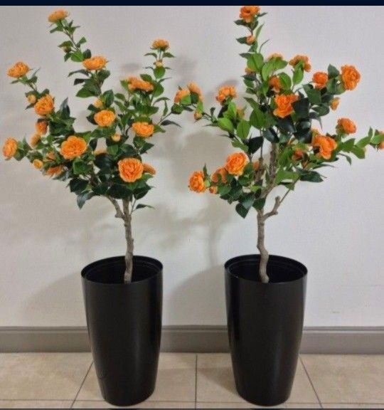 *** HOLIDAY SALE *** PAIR of 50" Faux Orange Camellia Trees in 22" Black Resin Planters @ Lasting Creations