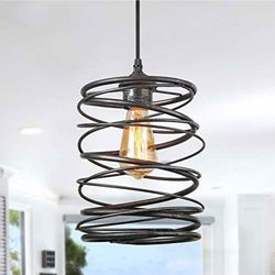 LNC A03292 Pendant Lighting for Kitchen Island，Rustic Farmhouse Brown Rust Cage Hanging Lamp,Black