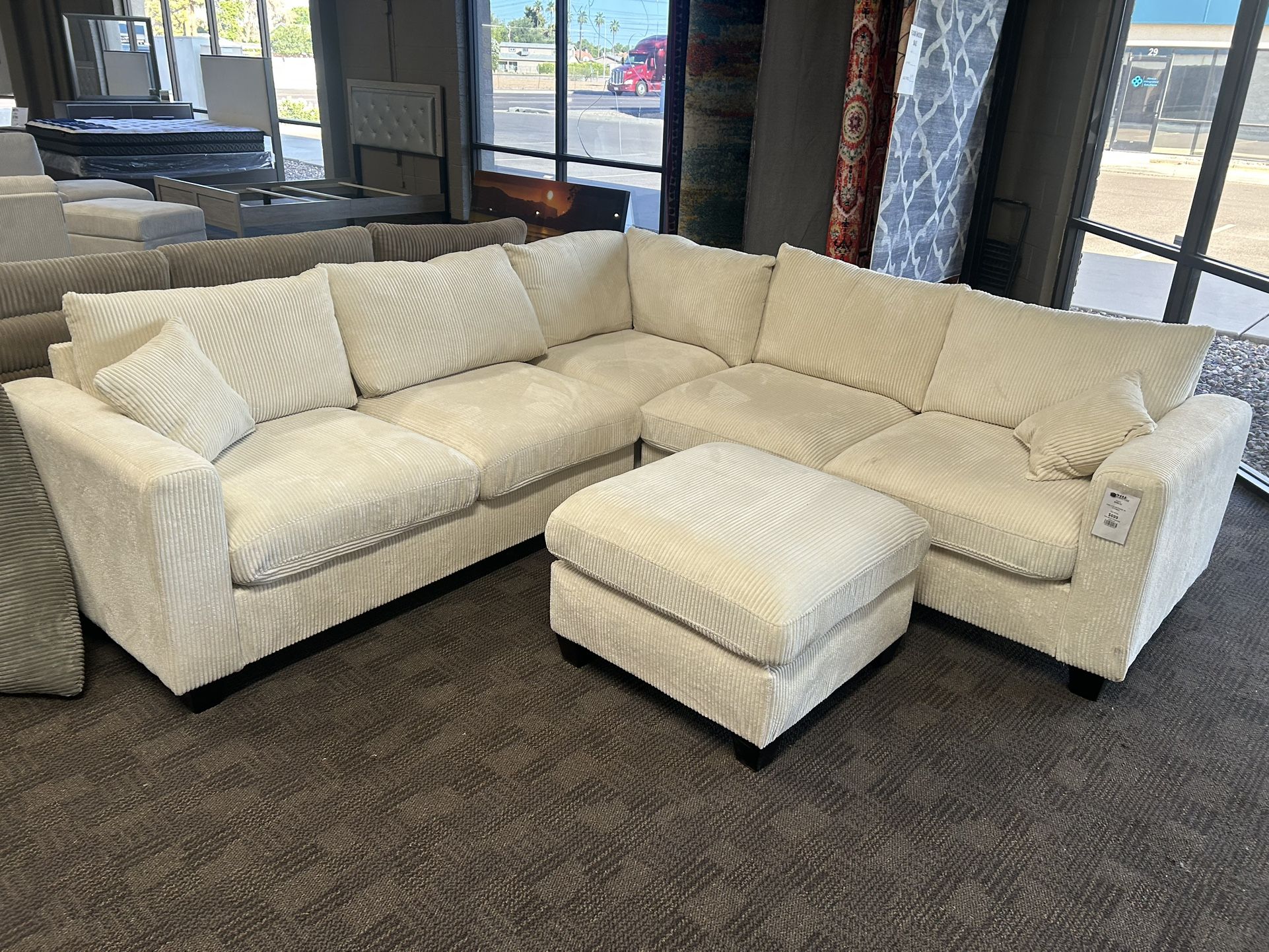 Cream L Shaped Sectional W Ottoman