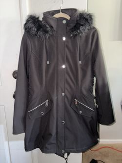 Guess Black Faux Fur Hood Lace Up Sides Jacket Large