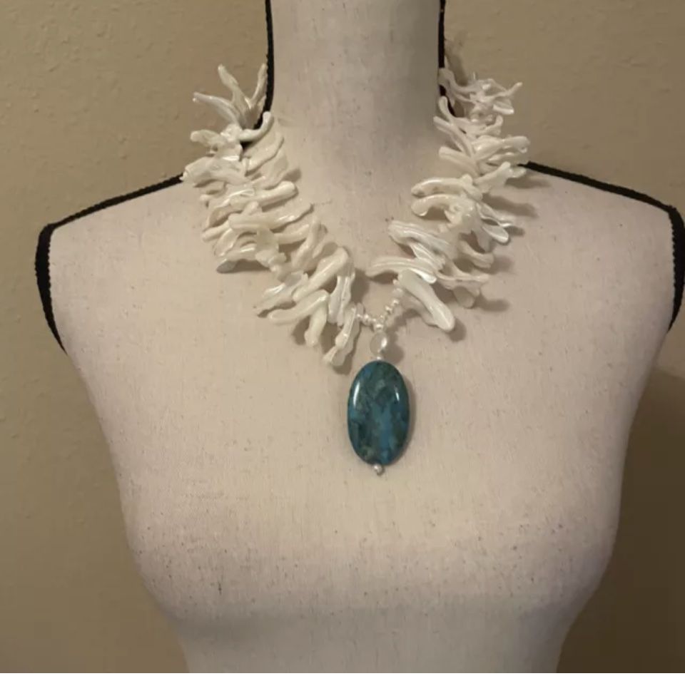 Signed Diana Venezia MOP Shell And Turquoise Marked 925 Statement Necklace