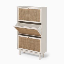 mopio Hannah Shoe Cabinet, Natural Rattan Farmhouse Shoe Storage Organizer, 3 Door Closet Rack for Entryway, Spacious Hallway Storage Cabinet with Doo
