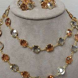 SWAROVSKI Bezel Set Amber Crystal Long Necklace & Clip Earrings Set
