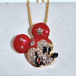 "Mickey Mouse red ears pendant necklace, red & black enamel, silver rhinestones 