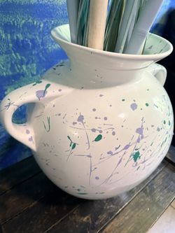 This is a Taverna Speckled Two Handled Jug in turquoise and white *H18.5 D18"*
