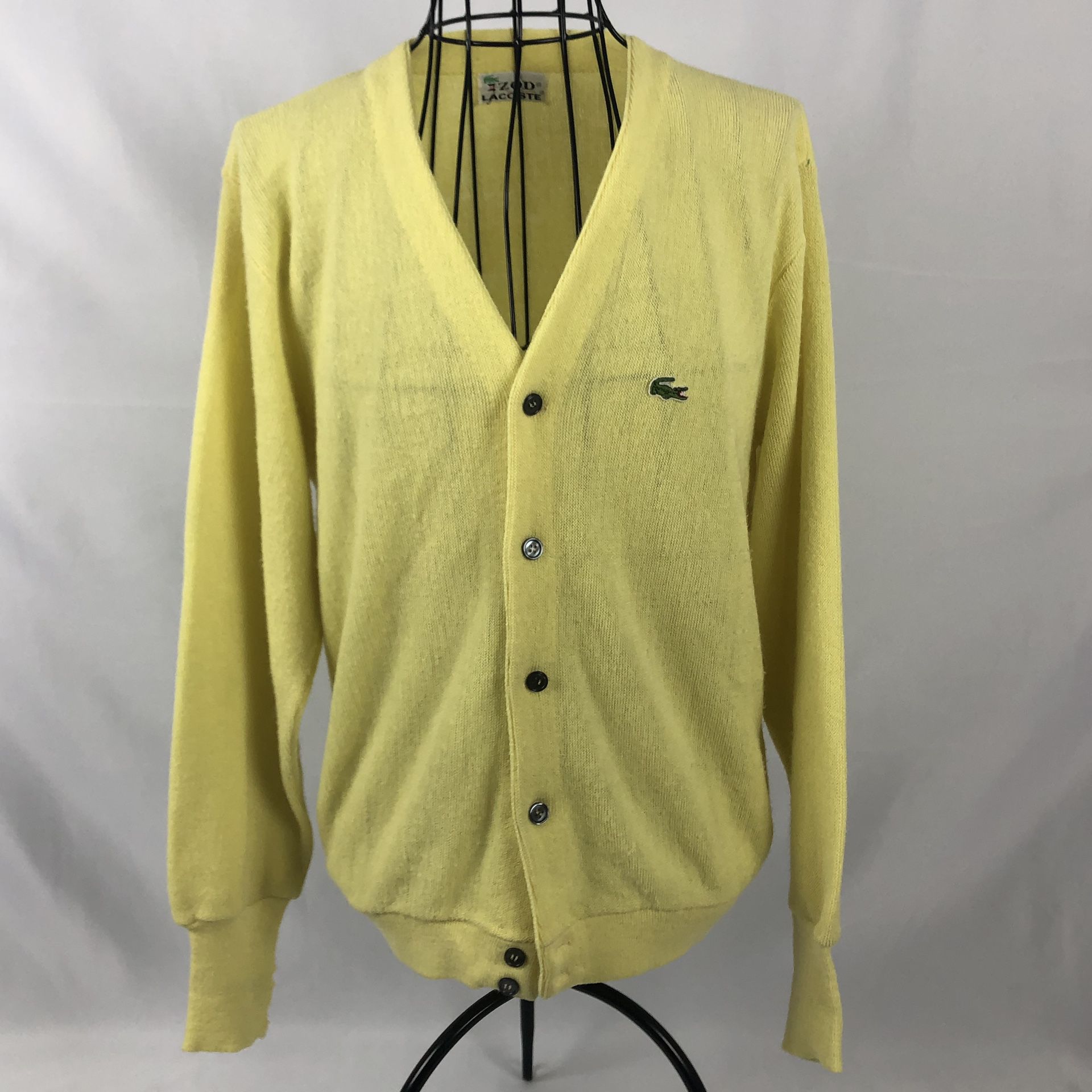 VTG Izod Lacoste Sweater Cardigan Womens Large Great Button Up V Neck Yellow