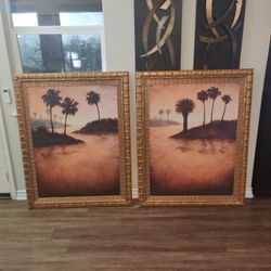 Pair of Large Tropical Sunset Paintings – 40.5” x 52” Each, Ornate Gold Frames