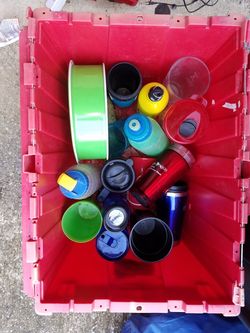 $5 for all Plastic tote full kitchen ware cups etc (yes you can keep the plastic tote box too)