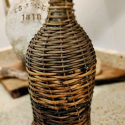 Antique Wine Bottle Jug Demijohn Carboy Glass Bottle Woven Wicker Rattan 