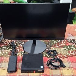Full Computer Setup : Lenovo ThinkCentre (Mini Pc) Refurbished And Lenovo ThinkVision 27' Office Monitor - 4 ms, Black( Little Damage On Monitor )
