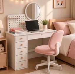 Vanity Desk with Mirror and Lights, Adjustable Color Lighting Bedroom Dresser