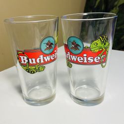 2 Beautiful Vintage Official Budweiser, Louie The Lizard, 6” Glasses 