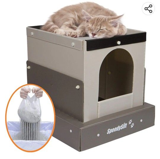 SpeedySift Hooded Cat Litter Box Starter Kit, Includes 56ct Disposable Sifting Liners, Material: Corrugated Plastic Board