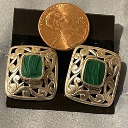 Malachite Square Filigree Earrings Hollow Carved Out Design 925 Sterling Silver