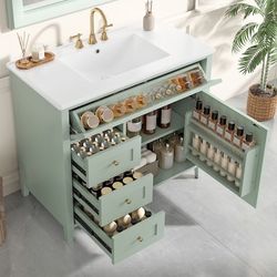 hereyova 36-Inch Green Bathroom Vanity with Sink, Modern MDF and Rubberwood Cabinet with 3 Drawers and Adjustable Shelf, Freestanding Vanity for Bathr