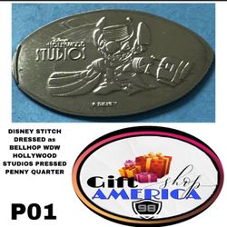 DISNEY STITCH DRESSED as BELLHOP WDW HOLLYWOOD STUDIOS PRESSED PENNY QUARTER P01