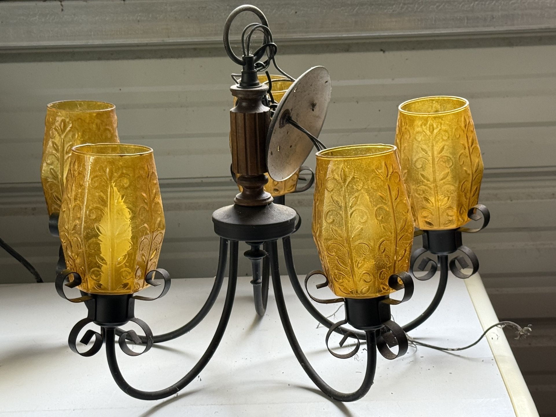 Vintage Mid-Century Amber Glass Chandelier – 4-Light Wrought Iron & Wood Fixture 