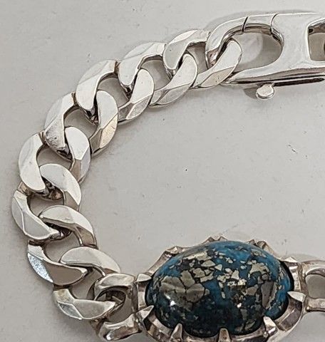 925 Rare Gem Morenci Turquoise with Polished Black Pyrite Silver Bracelet SZ 9"