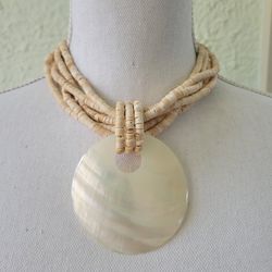 Vintage Necklace Choker and iridescent shell Pendant coconut beads, 16"