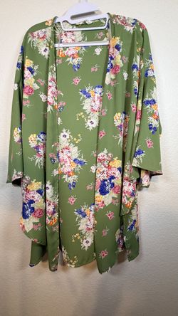 Peach Love California Green Floral Kimono Cardigan Size Large Open Front