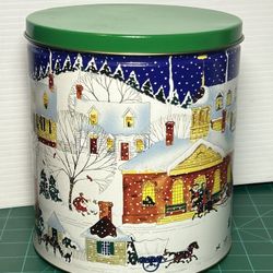 Large Round Christmas Holiday Tin Container Winter Scene (Empty)