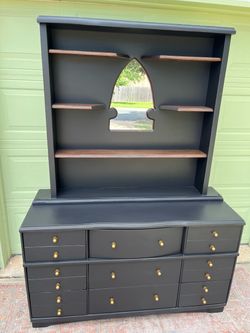 Dresser or Buffet + Hutch with Mirror | Black & Dark Walnut | All Real Wood