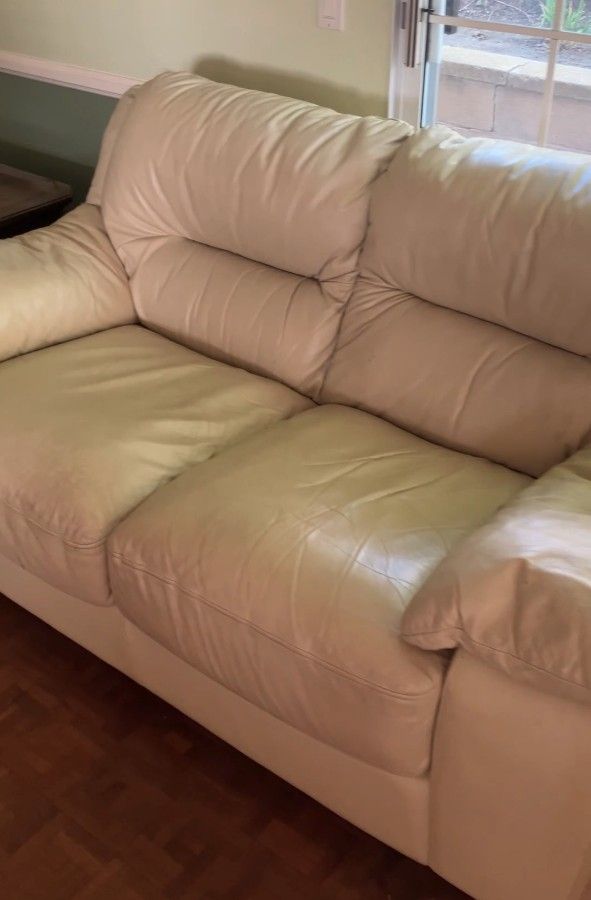 Cream Leather Loveseat
