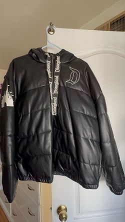 Disney Parks Disneyland Puffer Jacket 1X Black Hooded  Full Zip Faux Leather