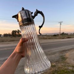 Vintage 1930'S Italy Crystal Carafe Glass & Silver Plate Pitcher