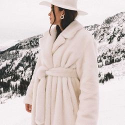 Never Worn NWT TIBI Faux Fur Long Off White Coat XS