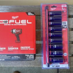 Milwaukee M18 FUEL High Torque 1/2” Impact Wrench (Tool Only) And SHOCKWAVE Impact Duty 1/2”Drive 9PC Socket Set.  Brand NEW.