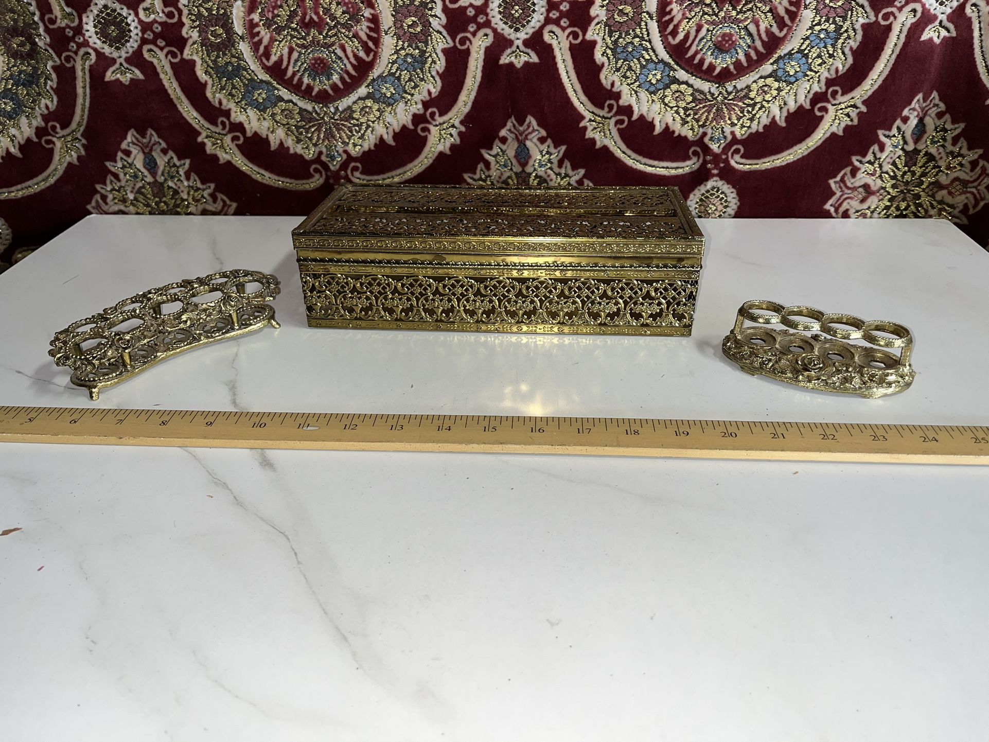 Vtg Matson Tissue Box & Lip Stick Holder Gold Hollywood Regency