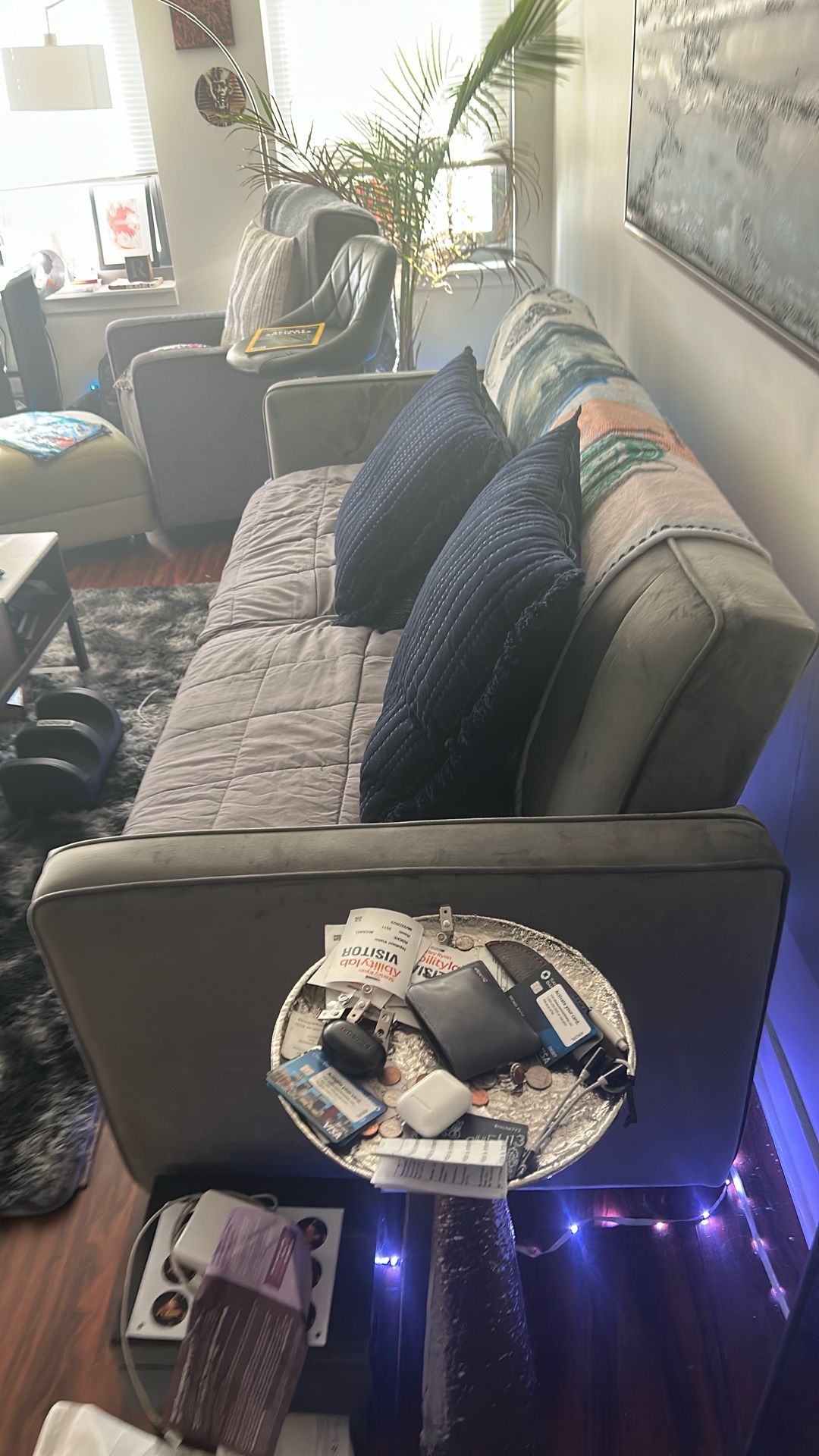 Suede couch that has been covered whole time