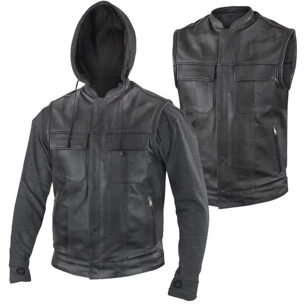 Motorcycle Vest New Leather Vest Club Style With Removable Hoodie $120