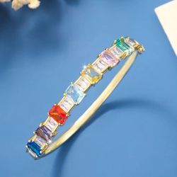 Gold Plated Slim Bangle with Colorful Cubic Zirconia 