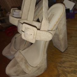 Forever 21 Women's Size 6 Beige Faux Suede Platform Open Toe 5" Heels