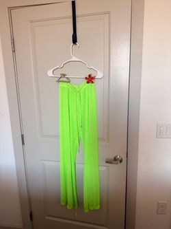 Neon Green Wide-Leg Drawstring Sheer Pants
