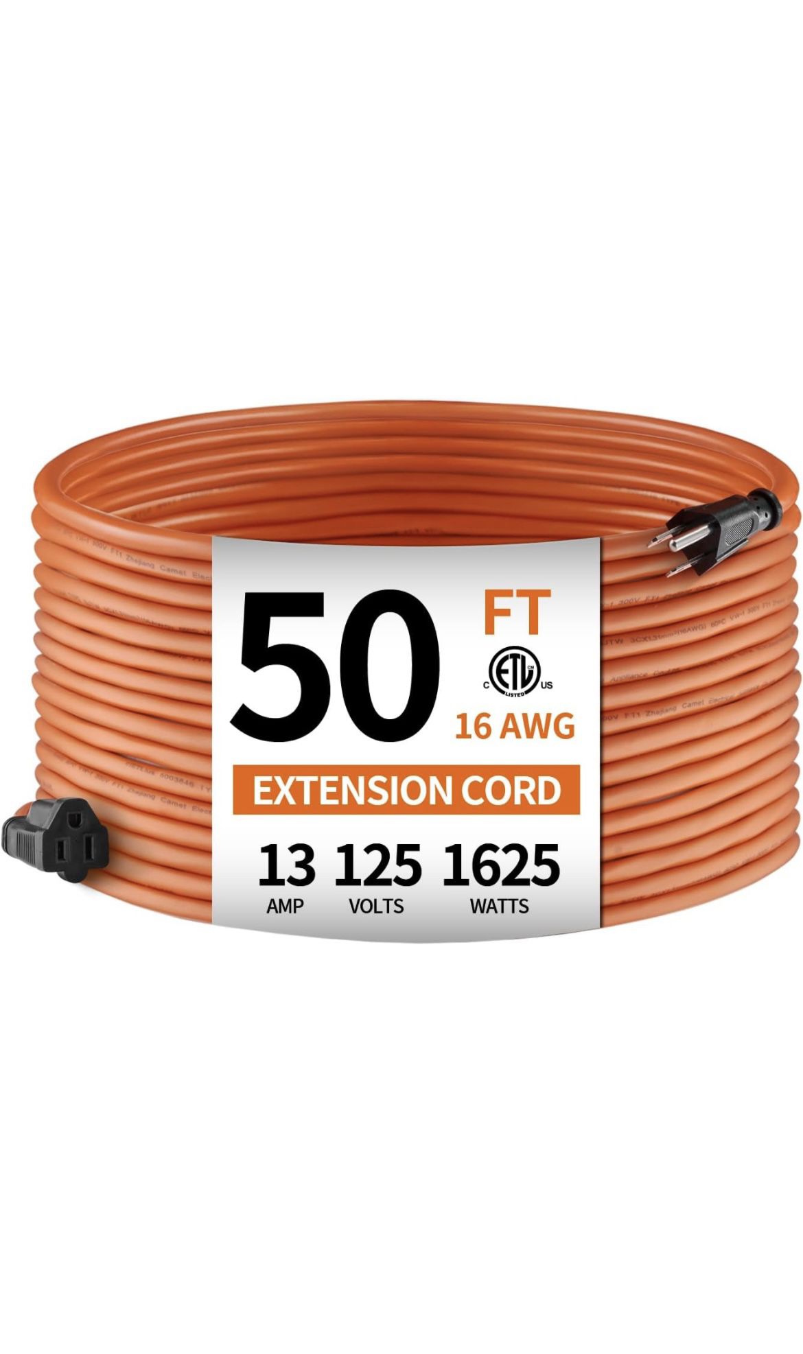 50ft 16AWG Outdoor Extension Cord, Indoor/Outdoor 50-Foot SJTW 16/3 Gauge Extension Cable with Durable Weatherproof PVC Vinyl Jacket, 3-Prong Grounded